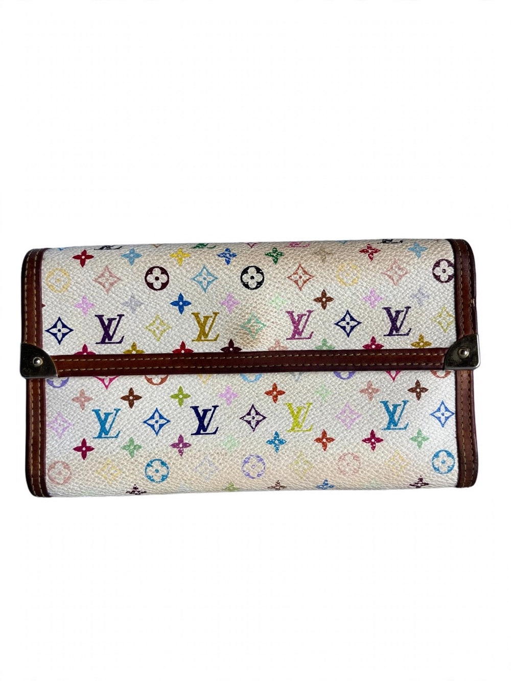 Auth Louis Vuitton Multicolor Porte Tresor Wallet White M92659 TH0074 Murakami